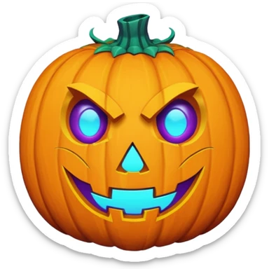 A futuristic glowing jack-o'-lantern face emoji, purple and cyan colors only, dark background sticker