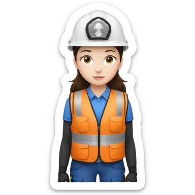 Brunette brown Girl full body standing with her white security helmet and security vest that fits her large on, also with her black backpack. Full body sticker