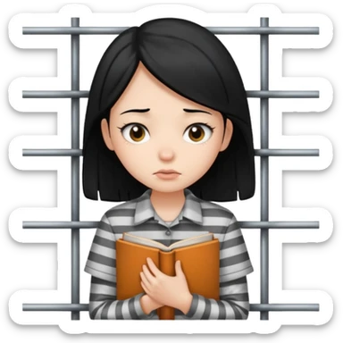 girl with black hair behind bars holding a book, casual shirt top sticker