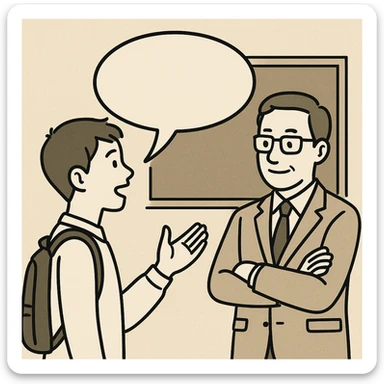 a student facing a teacher with speech bubbles to indicate the student is speaking, symbolizing verbalization of learning sticker