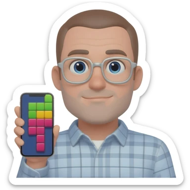 A man in glasses holding iphone with screen tile-matching game sticker
