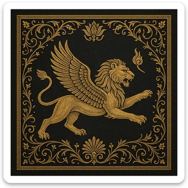 Persian emblem featuring a flying lion, intricate and regal, inspired by ancient Persia sticker