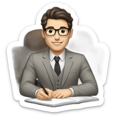 Pale skinned Fit Man With dark brown hair in gray jacket, beige office shirt and vintage glasses sitting In a soft chair with a notebook with emblem Ψ and a pen in his hands sticker