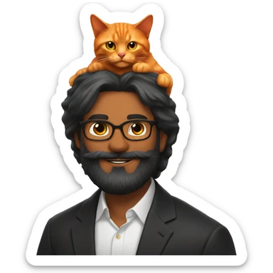 Orange and black cat sitting on bearded mans head sticker