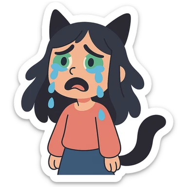 A girl with tears, black fox ears, and a tail, green eyes, dark hair sticker
