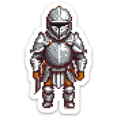 A pixel art knight in armor with a closed helmet, expressing horror. The knight's arms and legs are in different positions. The image is portrait-sized and has a clear outline. sticker