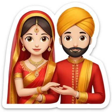 Two hands in a engagement..One hand of groom and one hand of bride. Bride dress - red/yellow saree. groom- light orange punjabi (oonly hands will be visible sticker