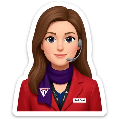 A Delta Air Lines Customer Service Agent - name tag: Red Coat - light skin, long brown hair, black lanyard with the Delta Air line name - and a dark purple thin scarf around the neck with the delta air line logo sticker