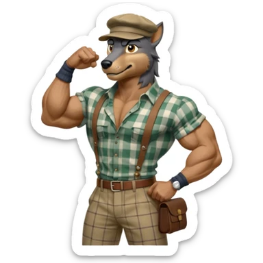 extremely super-duper hyper muscular wolf furry extremely exaggerated muscles with chiseled face, horse-length bullneck and an elongated snout, wearing a plaid dress shirt halfway buttoned, khaki dress slacks and very large newsboy cap on his head while flexing his bicep muscles sticker