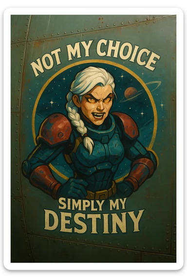 a retro military pinup fuselage decoration for the motto " not my choice, simply my destiny "
; female figure, white hair 1 braid, gold yellow eyes, spacer, fierce, exo-rogue, menacing yet taunting sticker