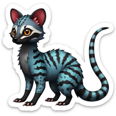 Rare warm-colored exotic edgy cute epic aesthetic spooky dark colorful Genet-Salandit-Civet-species-Fakemon-hybrid-creature, with beautiful intricate markings, full body sticker