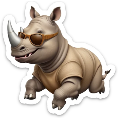 friendly anthropomorphised rhino jumping with excitement, wearing dark sunglasses, dynamic energetic pose sticker