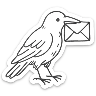 hand drawn outlined icon of a raven with a letter sticker
