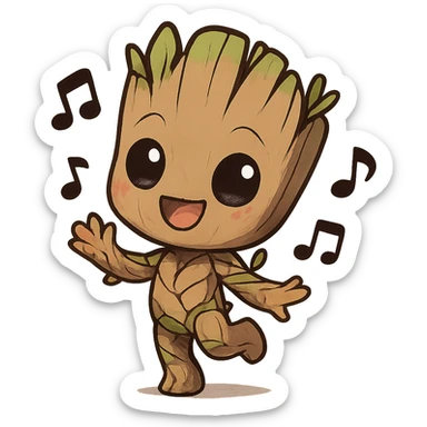 chibi anime style Groot dancing, oversized head, joyful and cute, one foot up, musical notes sticker