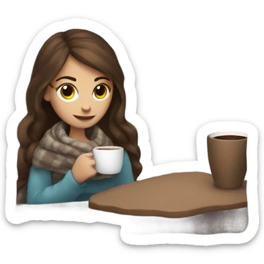 Brown hair Girl drinking coffee, with a cozy blanket sticker