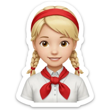 A Soviet pioneer girl emoji — smiling young girl with blonde hair tied into two short braids. She wears a white school shirt and a wide bright red pioneer neckerchief tied in a loose triangular knot at the chest (not a necktie). No suspenders, no jacket, no hat sticker