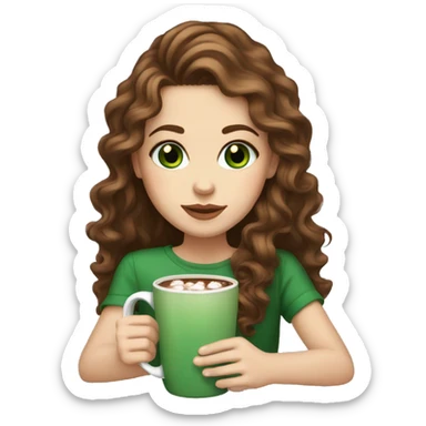 White Girl with Green Eyes, Long brown hair with curls and a Hot chocolate  sticker