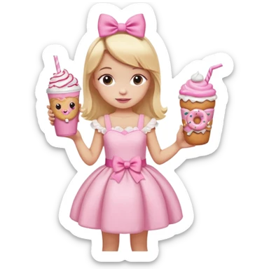 A little girl with a Dunkin' milkshake and a donut with pink frosting and marshmallows, wearing a pink coquette-style dress with bows and blonde hair. sticker