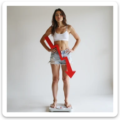 adult woman, photorealistic, standing on a scale with a large graphic red arrow going up and down, confused expression, natural light, light background, concept of yo-yo diet effect sticker