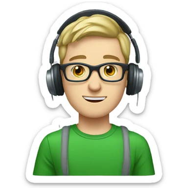 white young man with square glasses and blue eyes wearing green t-shirt with laptop and headphones sticker