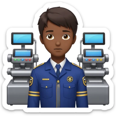 A 20-year-old man with dark brown hair, anime style, dark brown eyes, his hair on the right side is normal and straight, while the left side extends sideways. He is wearing a collared uniform. The background is filled with machines. sticker