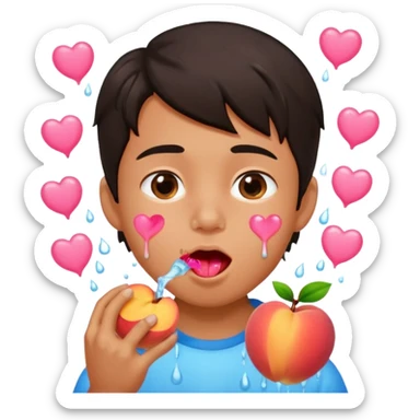 Cute boy, grown out dark hair, eating a peach, pink hearts floating , water dripping from mouth sticker
