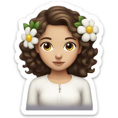 Brunette haired girl with wavy hair, dark brown and big eyes with a flower in her hair and a white long sleeve  sticker
