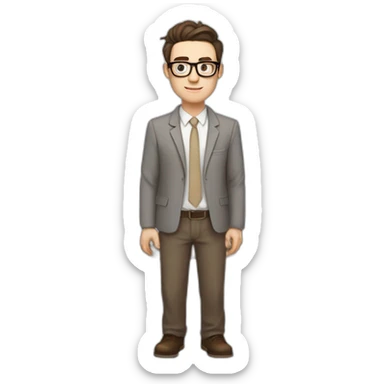 Pale skinned fit man with dark brown hair in gray jacket, beige office shirt, brown tie, brown pants and vintage glasses Writing on the flipchart sticker