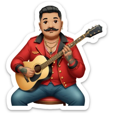 Icon for Chanson: Old fat chanson singer with tattoos and short moustache, red jacket, gold chains and braslettes, sitting on a chair with an acoustic guitar and standing microphone. No earrings. The atmosphere should reflect a nostalgic, soulful vibe with vintage elements. Transparent background. sticker