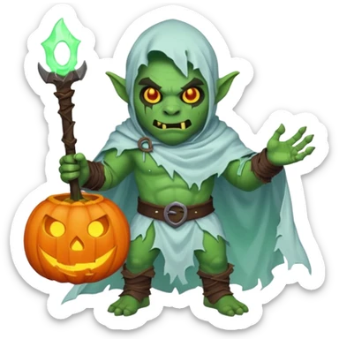 male orc warrior ghost emoji, green skin, wearing torn white ghost sheet costume, holding glowing jack-o'-lantern, faint blue aura, friendly but spooky expression, Halloween fantasy theme, Apple emoji style, clean white background, square sticker