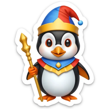 crazy colorful cute penguin jolly joker, medieval, vintage, court jester, mac os icon, blue color sticker