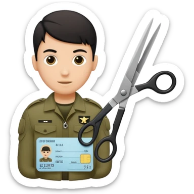 Floating black Scissors cutting in half an idf soldier ID card with a little chip in 2 parts .hyper realistic sticker