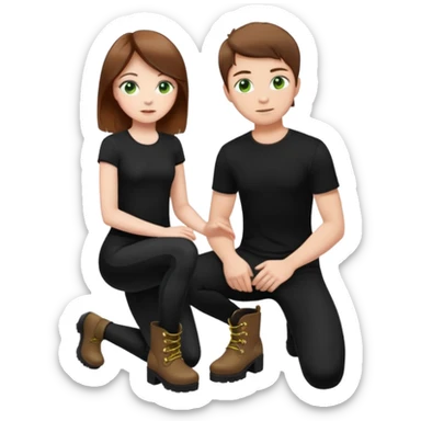 Create a Mistress with brown hair, green eyes, platform boots and black leggings and top and a boy next to her in his knees sticker