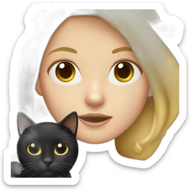 a white woman with blonde hair holding a black cat sticker