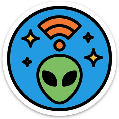 NASA-inspired symbolic logo for extraterrestrial intelligence search, stylized alien signal, stars, blue circular badge design sticker