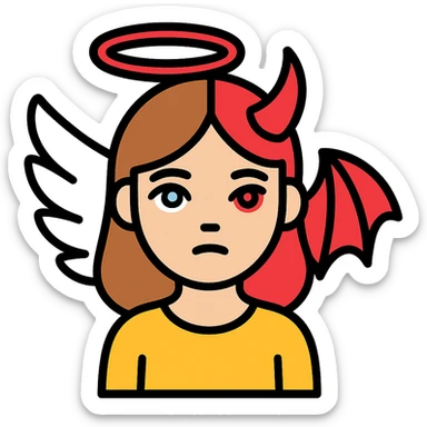 Edit this image to depict a brown-haired girl with left side angel (halo, blue eye, white wing) and right side devil (horn, red eye, bat wing), both expressions visible. Remove the background. sticker