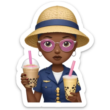 A Angry Teen Female with Dark skin and Bald, wearing a Uniform outfit, a Sunhat, Sunglasses, carrying a Enchanted staff, working as a teacher, while drinking Bubble tea and reading a Comic.
 sticker