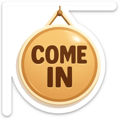 door sign, round shape, beige color, with shadows and highlights, retro sticker style, hanging on a string, transparent background sticker