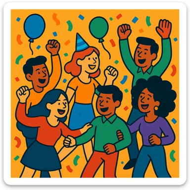 Party people forming a conga line, vibrant cartoon style, with confetti and balloons. sticker