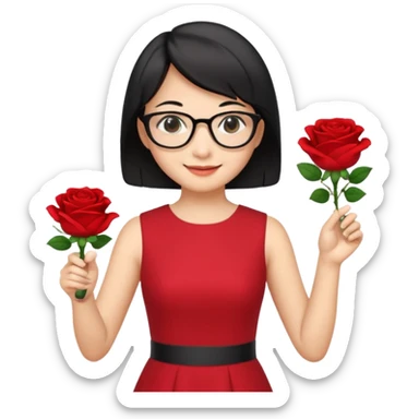female asian chemistry teacher wearing glasses holdin a flask pointing right with straight short hair to her shoulders wearing a red dress with roses on it and black hair and make the glasses more retangle and make her hold a flash with one hand and with the other point right and make her smile sticker