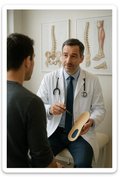 A realistic, cinematic illustration of a professional male doctor in his mid-40s, wearing a white coat, calmly explaining to a patient the benefits of using orthopedic insoles (plantari) for posture correction. The doctor holds a custom insole in his hand while pointing gently to a detailed anatomical poster showing the human spine, pelvis, and feet, illustrating the connection between foot alignment and posture. The setting is a bright, clean medical office with soft natural lighting, a treatment table, and educational anatomical charts in the background. The patient, seen from behind, listens attentively, while the doctor maintains a warm, knowledgeable expression, emphasizing preventive care and body alignment through plantar support. The scene feels trustworthy, modern, and health-focused. sticker