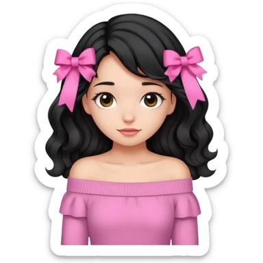Girl with black wavy not so long hair and a ribbon hair clip beside it make it look like wearing a pink off shoulder sweater sticker