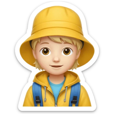 Little student wears yellow bucket hat and jacket, backpack, happy sticker