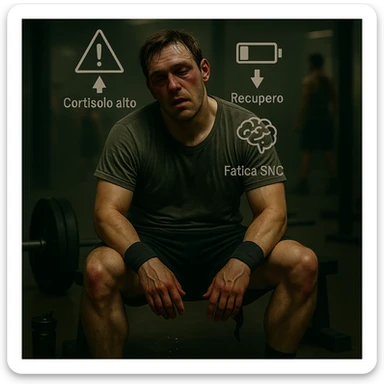 Add floating symbols above the head with Italian text: 'Cortisolo alto', 'Recupero basso', 'Fatica SNC'. The style should be raw cinematic with muted colors and dramatic lighting. The symbols must be clear and legible. sticker