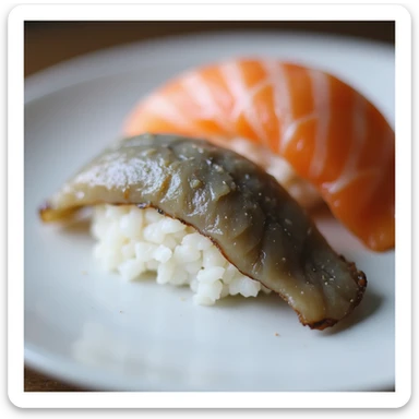 close-up of sushi: one nigiri with gray salmon and one with orange salmon, on a white plate, realistic style, 4K resolution sticker