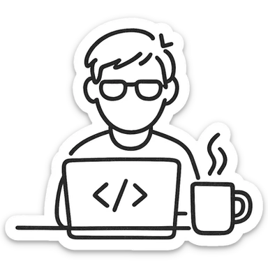 programmer focused on coding, hand drawn line art style, coffee cup on desk, minimal background sticker