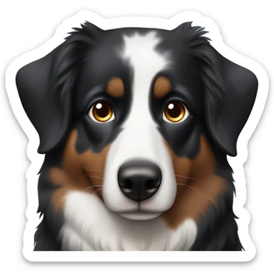 Black tri australian shepard with a blue left eye and a brown right eye sticker