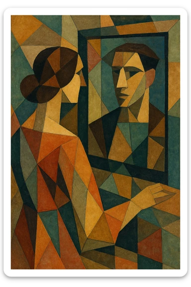 A woman facing a mirror, but instead of her own reflection, a man is seen on the other side, in a unique cubist abstraction illustration style, geometric shapes, vibrant colors sticker