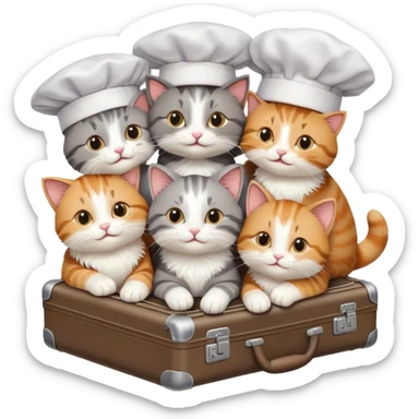 six cats in chef hats hugging a cat with a suitcase, top-down view sticker