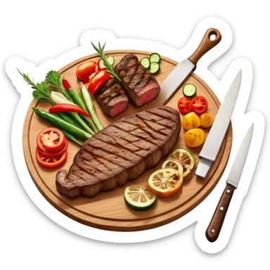 icon featuring a chef’s hat, a cutting board with fresh ingredients, a knife, a beautifully cooked ribeye steak, shashlik skewers, and a plate of food in the making. The design captures the passion of cooking with warm, inviting colors, and realistic textures. Transparent background. sticker